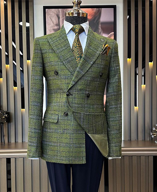 Business Double Breasted Turndown Collar Plaid Blazer