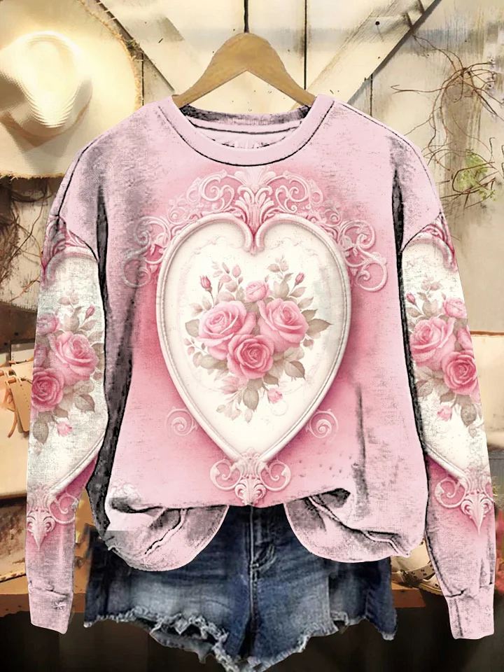Vintage Valentine's Day Love Floral Print Round Neck Sweatshirt