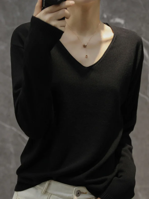 Simple Solid Color V-Neck Long Sleeve Knitwear Tops