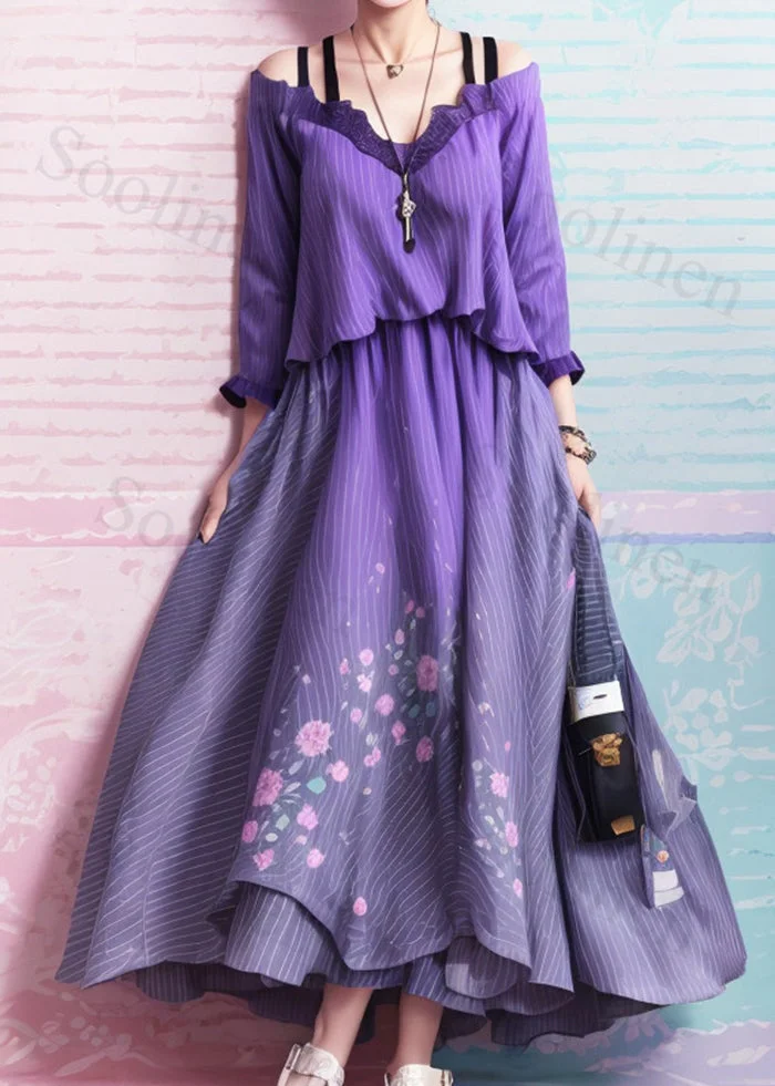 Art Purple Striped Cold Shoulder Exra Large Hem Silk Dresses Summer