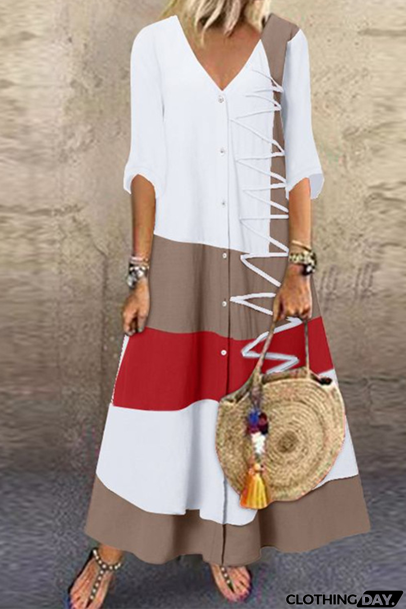 Fashion Patchwork Buttons V Neck Straight Dresses(4 Colors)