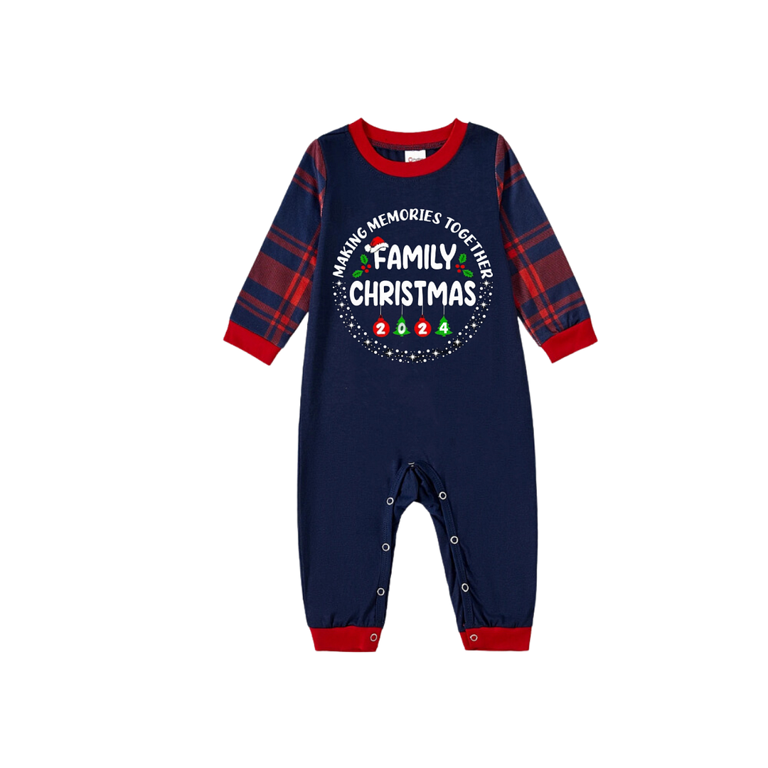 "Making Memories Together Family Christmas 2024" Text Prints Blue Long Sleeves Top with Red and Blue Plaid Pants Christmas Matching Pajamas