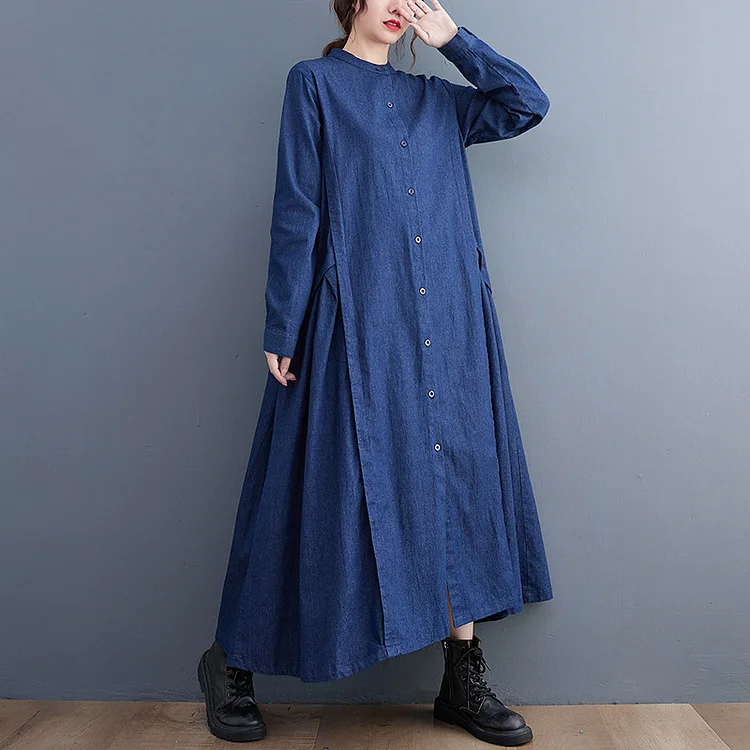 Loose Pleated Stand Collar Denim Midi Dress