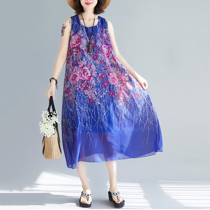 Elegant Sleeveless Printed Plus Size Vacation Dress