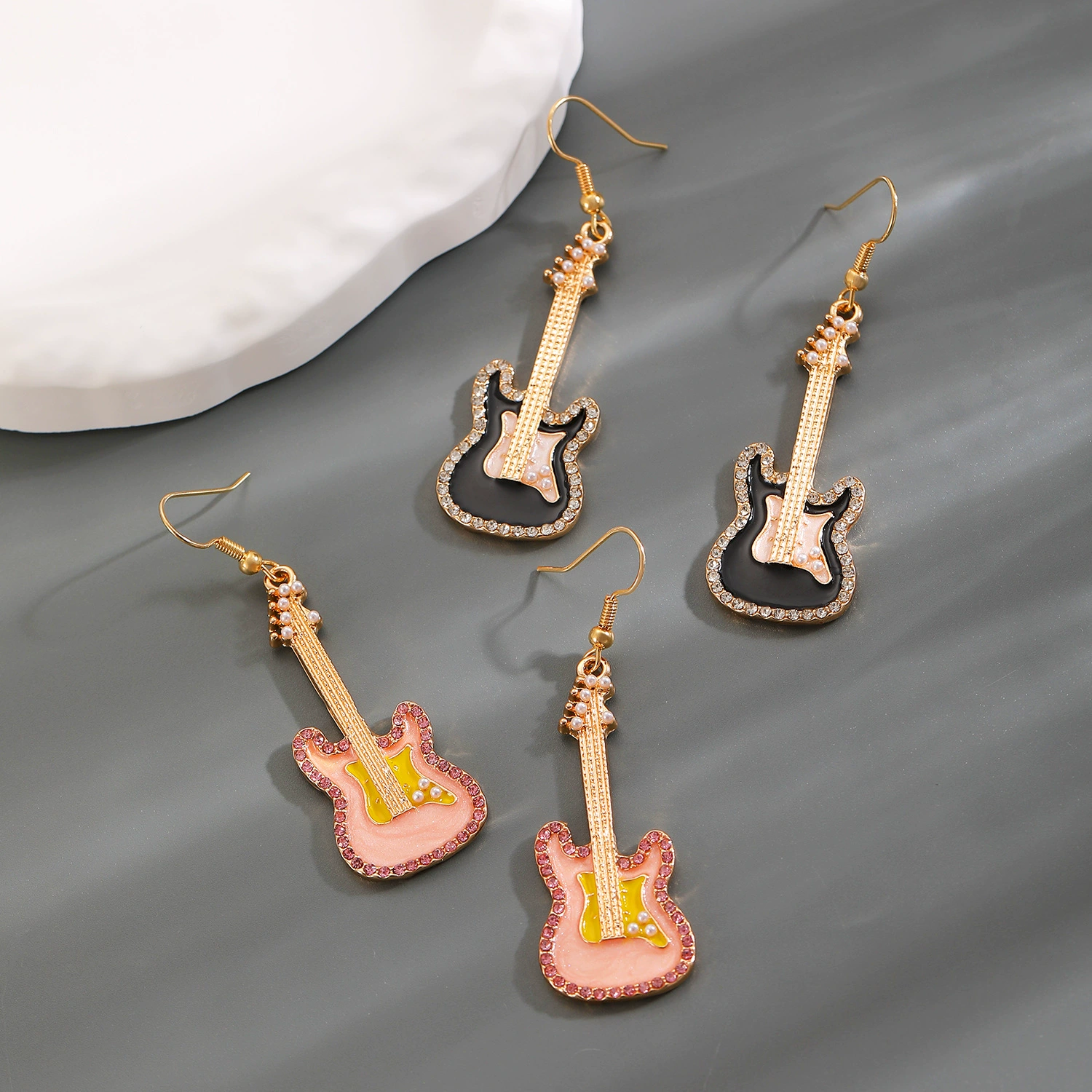 Oil Drip Zirconia Guitar Gold Plated Earrings