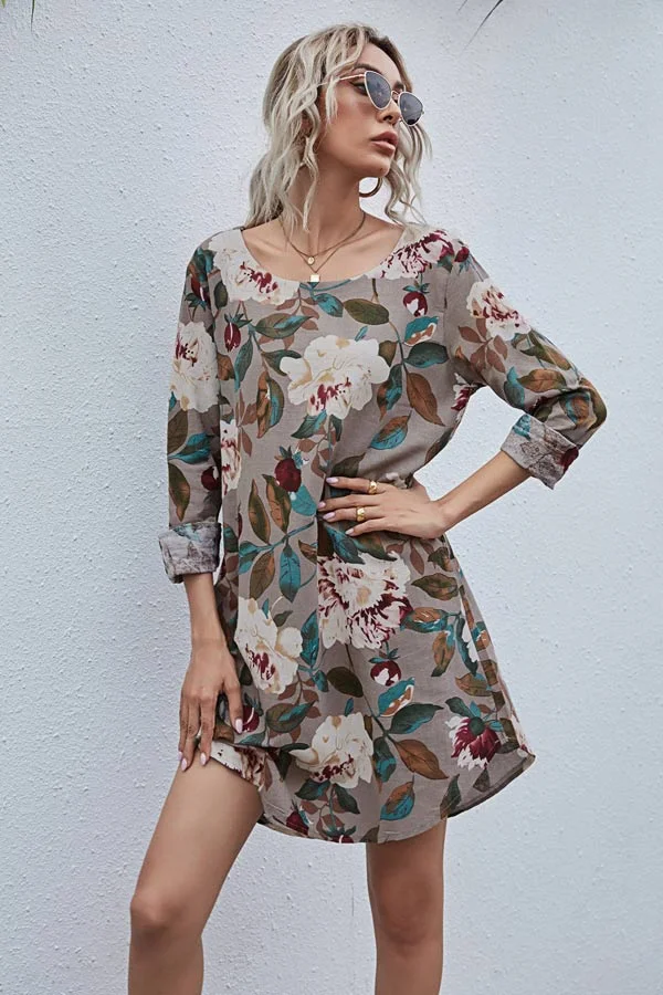 Fashion Round Neck Floral Print Shirt Dress