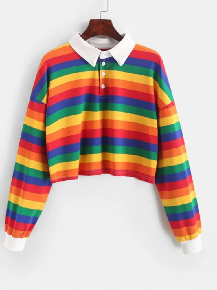 2024 Shirt Women Sweatshirt Long Sleeve Rainbow Color Ladies Hoodies With Button Striped Korean Style Sweatshirt Women