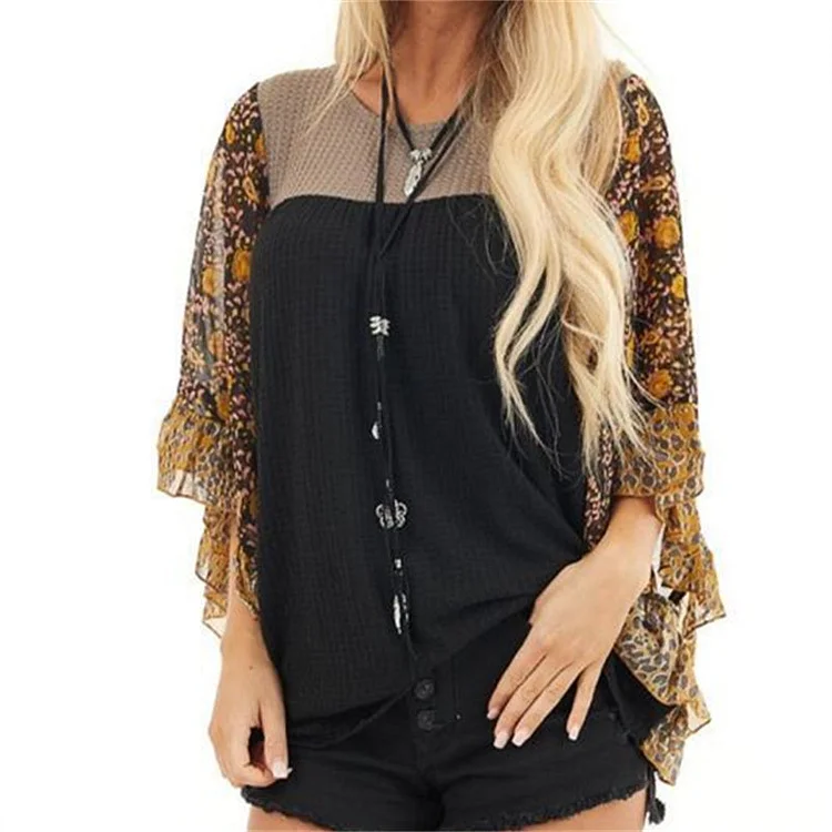 Women's Floral Printed Batwing Sleeves Waffle Tops