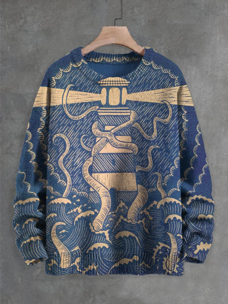 Men's Ocean Octopus And Lighthouse Art Print Knit Sweatshirt
