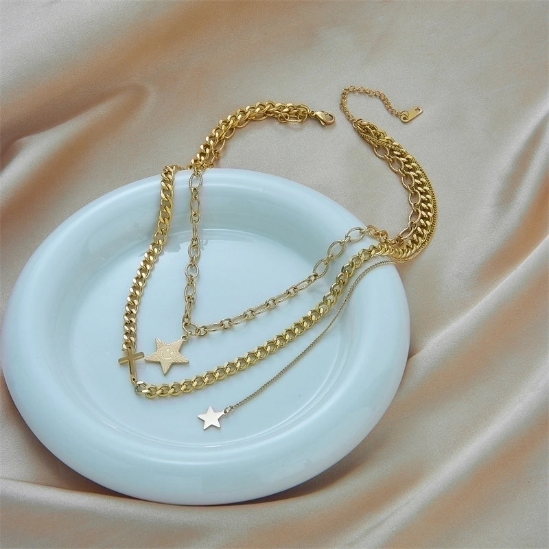 304 Stainless Steel 18K Gold Plated Retro Layered Plating Solid Color Necklace