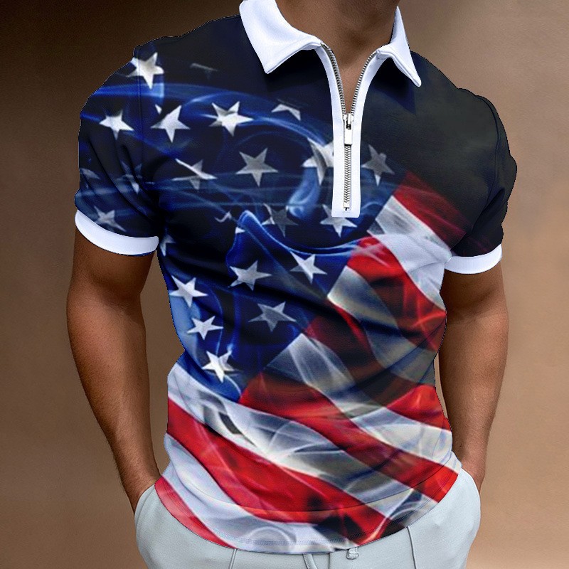 Men's Independence Day printed short sleeved zippered polo shirt PLUSCLOTHESMAN