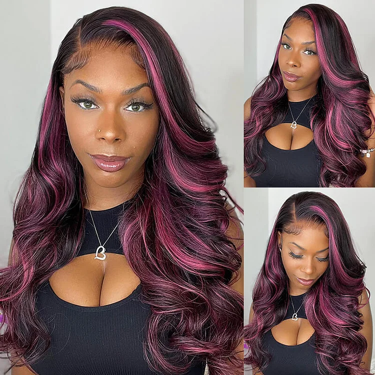 Red Purple Highlights HD Lace 13x4 Transparent Lace Color Wigs Free Part Body Wave