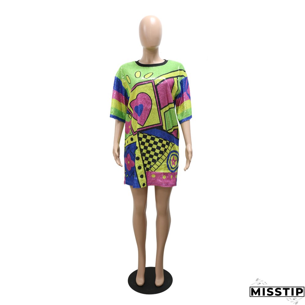 Trendy Round Neck Half Sleeve Loose Sequin Print Party Sequined Nightclub Style Women's Dress