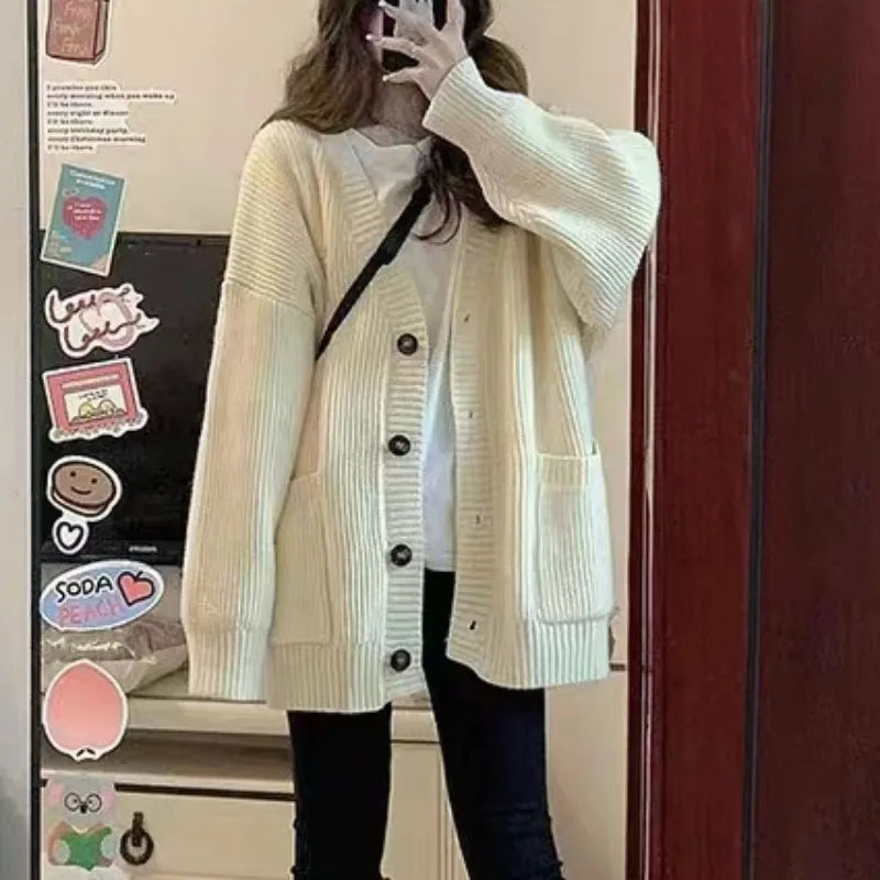 Aiertu Autumn Winter Women Cardigan Sweater Coats Fashion Female Long Sleeve V-neck Loose Knitted Jackets Casual Sweater Cardigans Aiertu