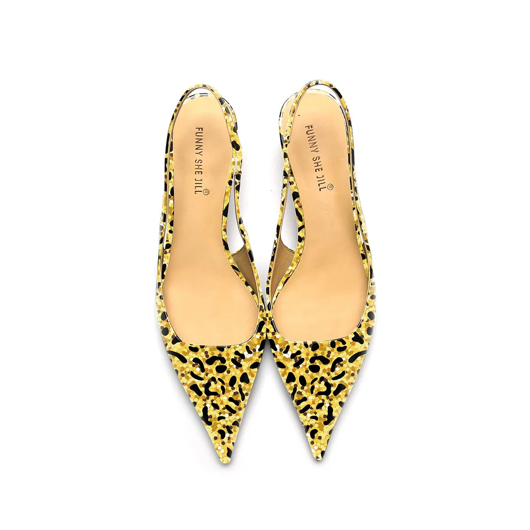 Golden Leopard Print Patent Leather Pointed Toe Elegant Kitten Heel Slingback Dress Pump Shoes