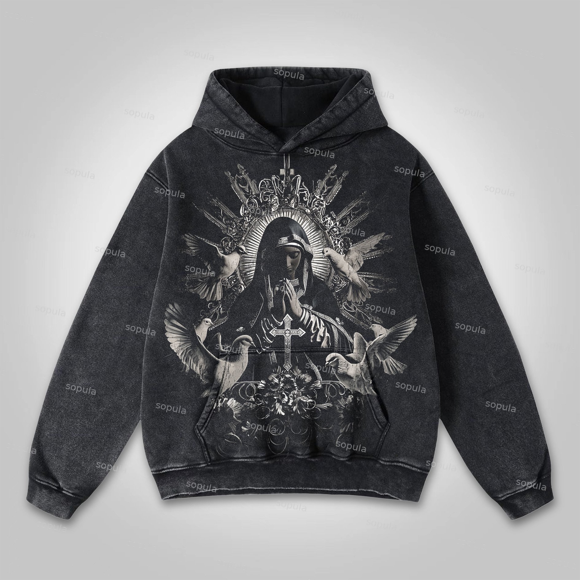 Sopula Virgin Mary Praying Washed Pocket Hoodie - SOPULA