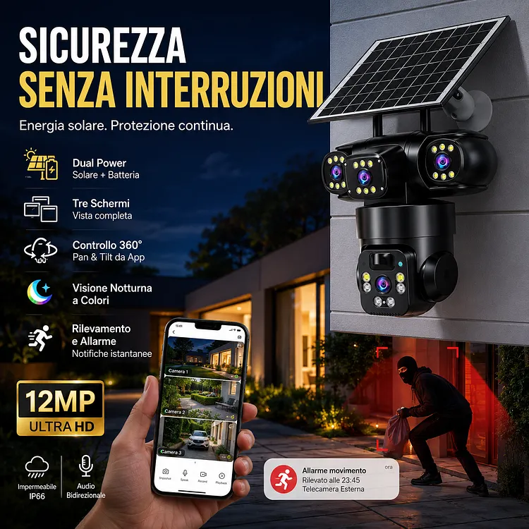 📢📢 50% OFF !!! ⏰ Telecamera di sicurezza Wi-Fi esterna 6K 9MP | 3 obiettivi, PTZ 360&deg; | IP66 impermeabile, Visione notturna a colori, Audio bidirezionale, Motion Tracking
