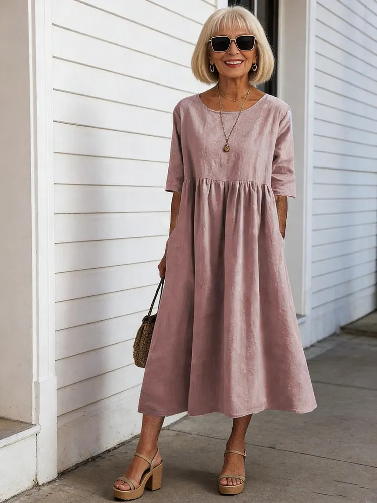 Solid Color Lantern Sleeve Cotton Pocket Midi Tunic Dress