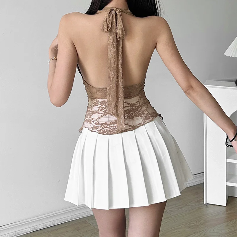 Uveng 2024 Summer New Women's Solid Color Repair Sexy Hottie Hanging Neck Hollow Perspective Small Vest