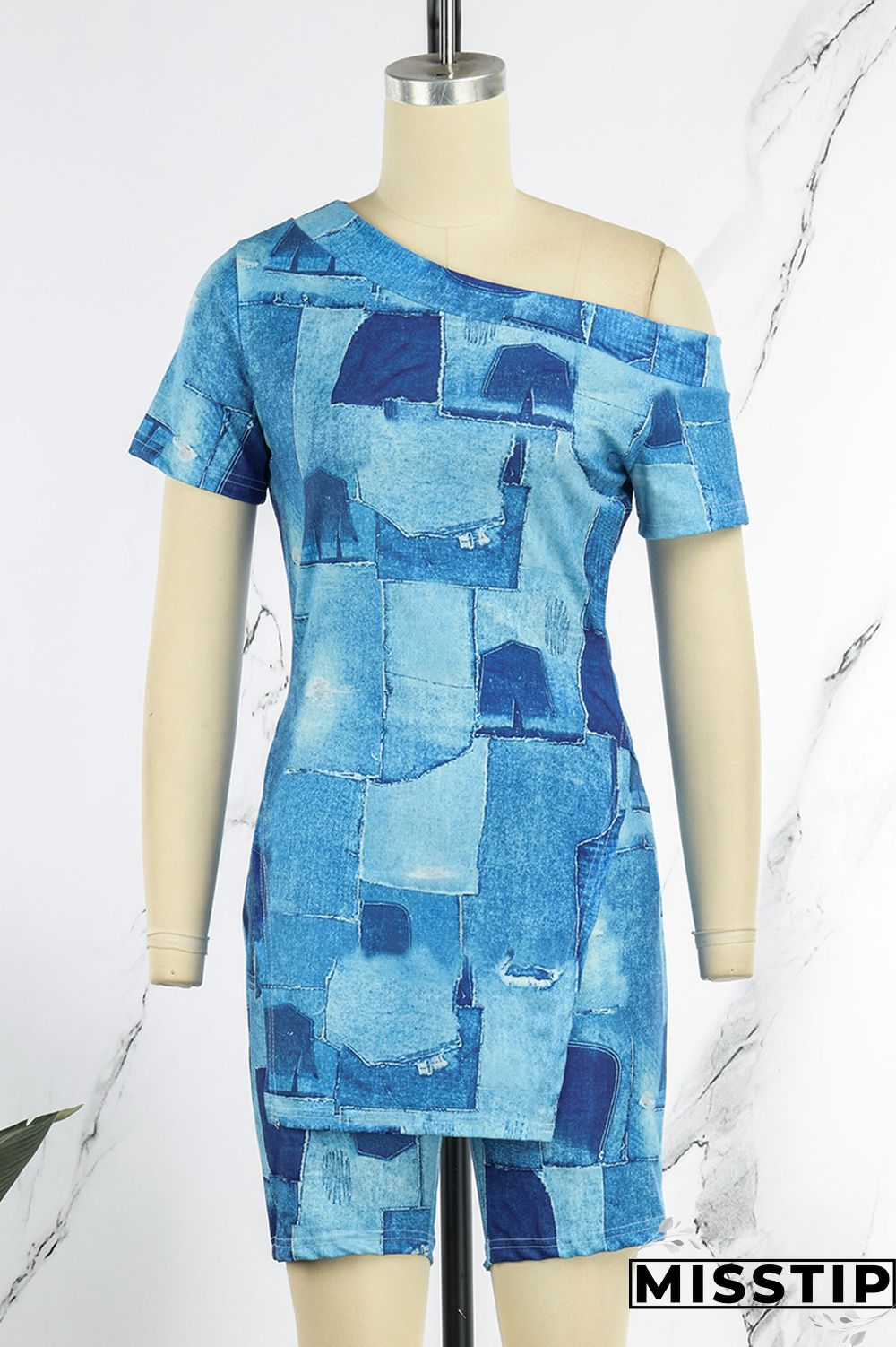 Black White Casual Print Slit Oblique Collar Short Sleeve Two Pieces