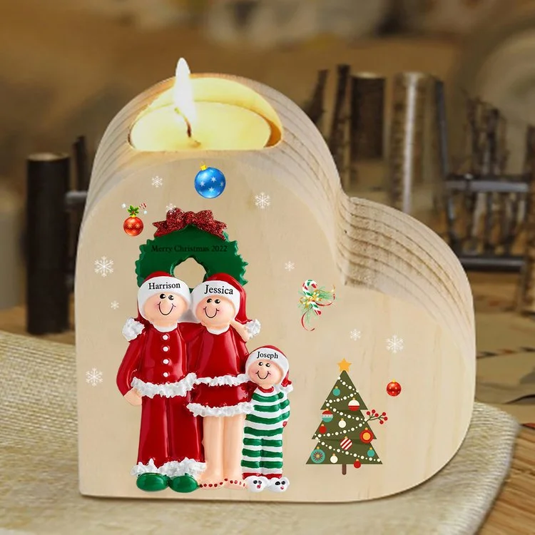 Navidad - Candelero de corazón de madera familia personalizado con 3 nombres y 1 texto sin vela