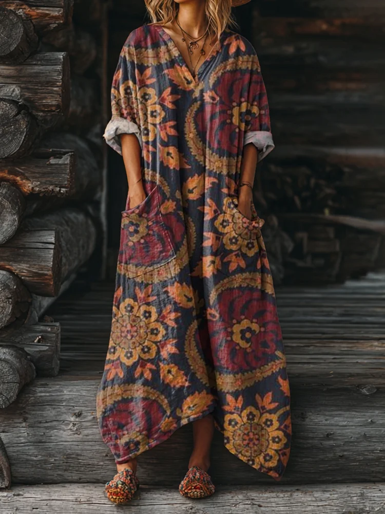 Women's Folk Art Floral Pattern Print Pocket V-neck Cotton Dress