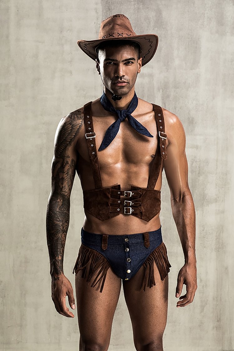 Men's Denim Fringe Clothes Underwear Uniform Sets With Hat
