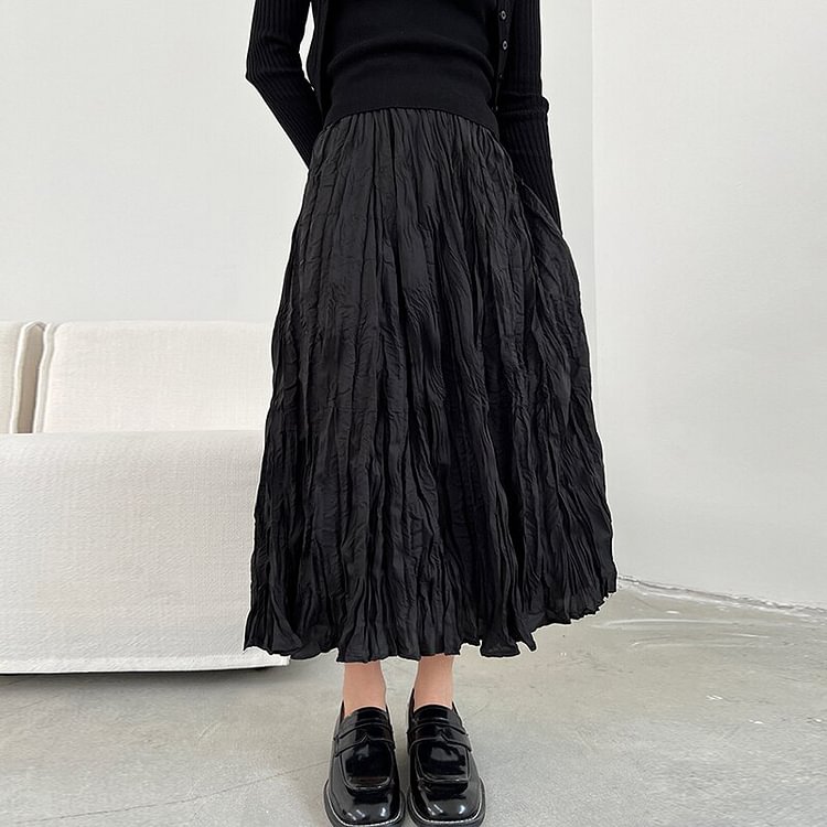 Chic Solid Color Wrinkled Elastic Waist Skirt 