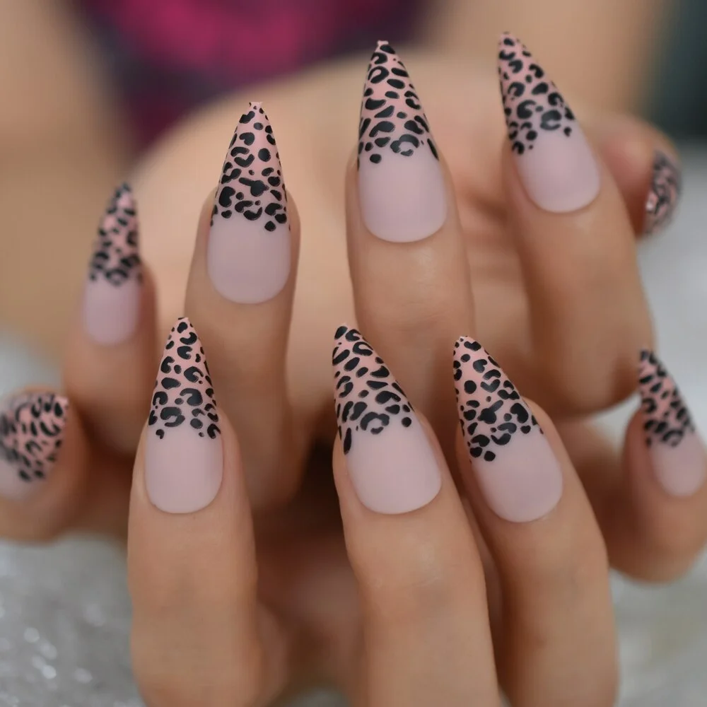 Nude Pink Leopard Fake Nails Stiletto Moutain Pointed Pattern Nails Gorgeous Sculpted Nail Art Tips Long Size