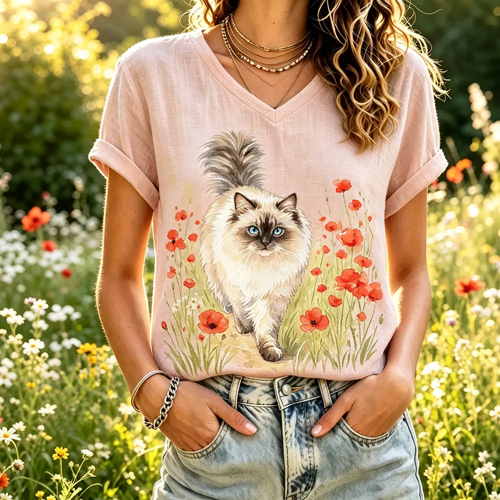 Comstylish Women's V-neck Short-sleeve T-shirt With Fluffy Cat And Red Poppy Flower Watercolor Print