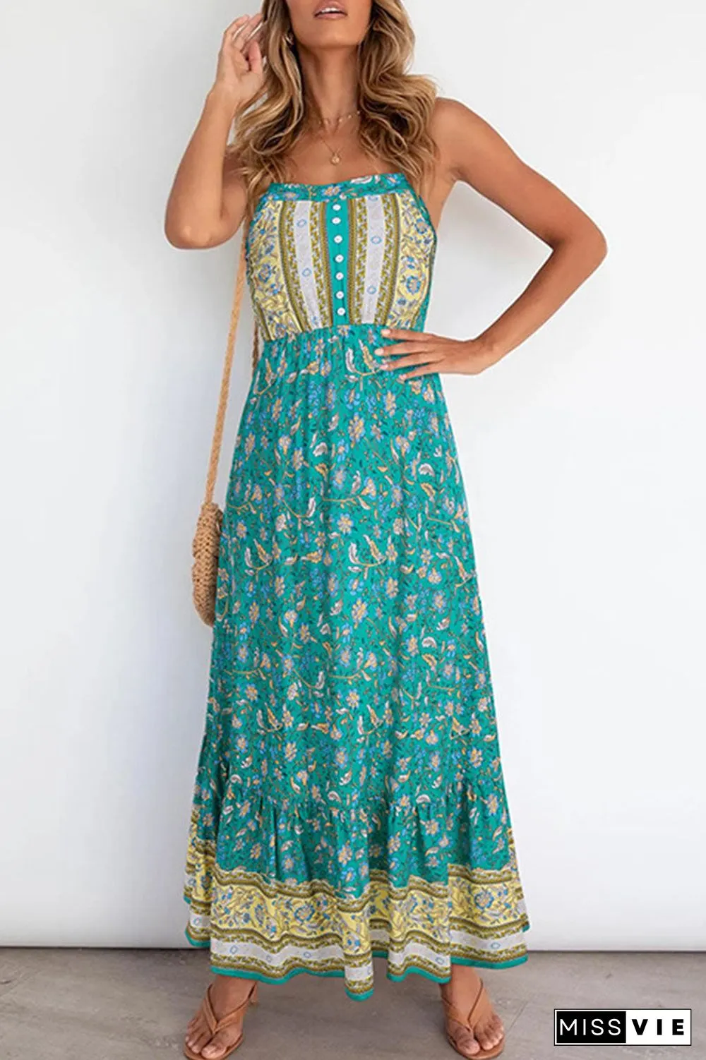 Fashion Elegant Print Split Joint Spaghetti Strap A Line Dresses