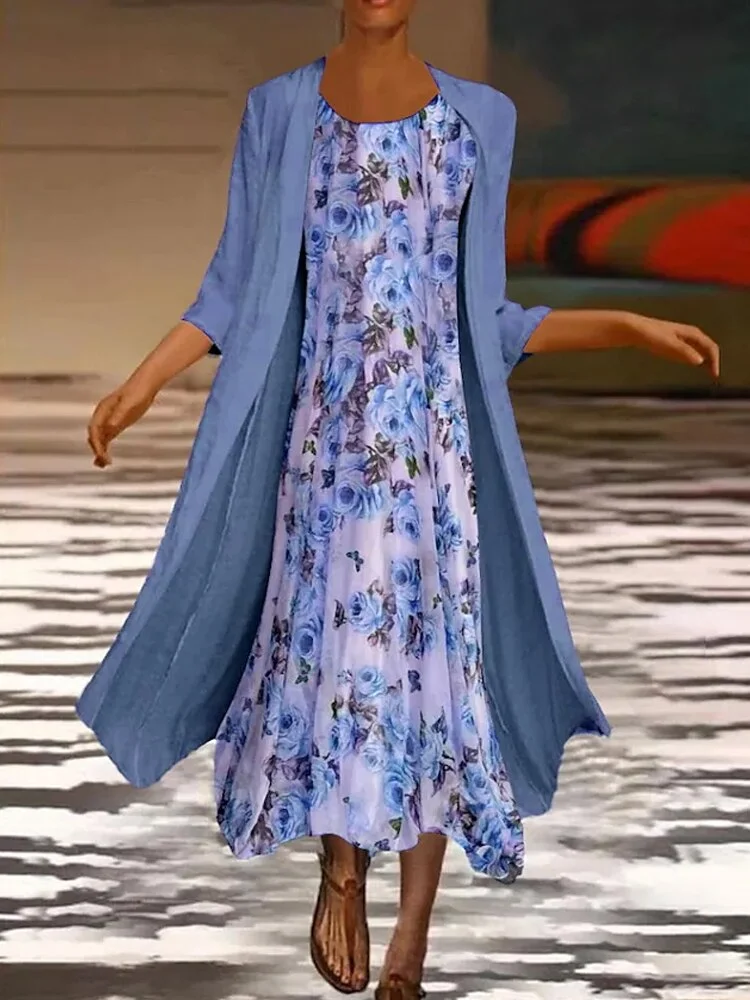 Breakj Spring Elegant Dress Suit Retro Printed Round Neck Dress Solid Jacket Two Piece Women 2022 New Fashion Office Long Dress Suit