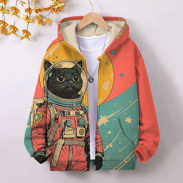 Japanese Black Cat Astronaut Color Block Art Casual Hooded Zip Up Jacket