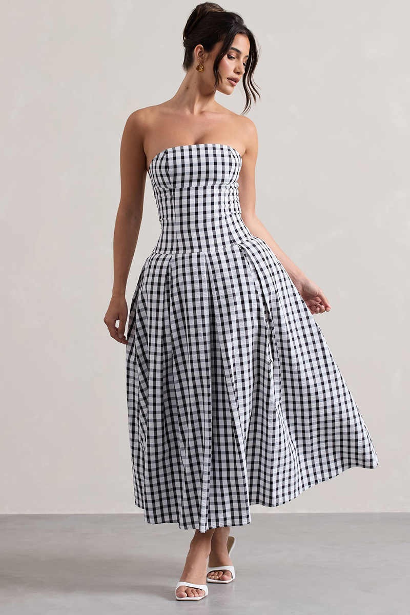 Plaid Boat Neck Strapless Dropped Waist Maxi Dresses-Black [Pre Order]