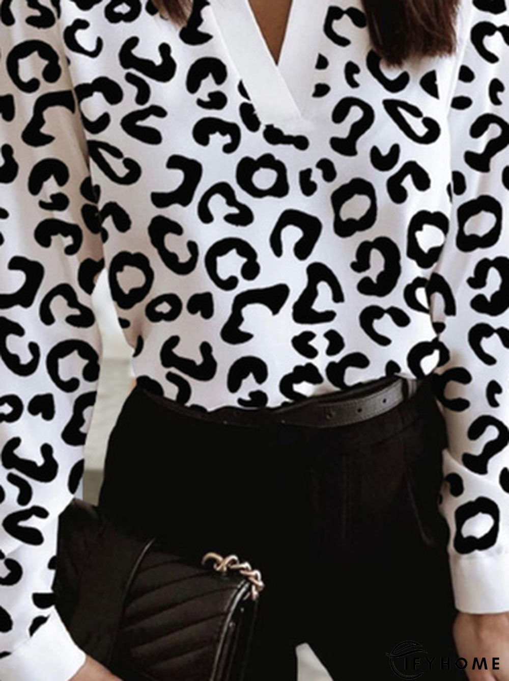 Casual Leopard Long Sleeve V Neck Printed Top | IFYHOME