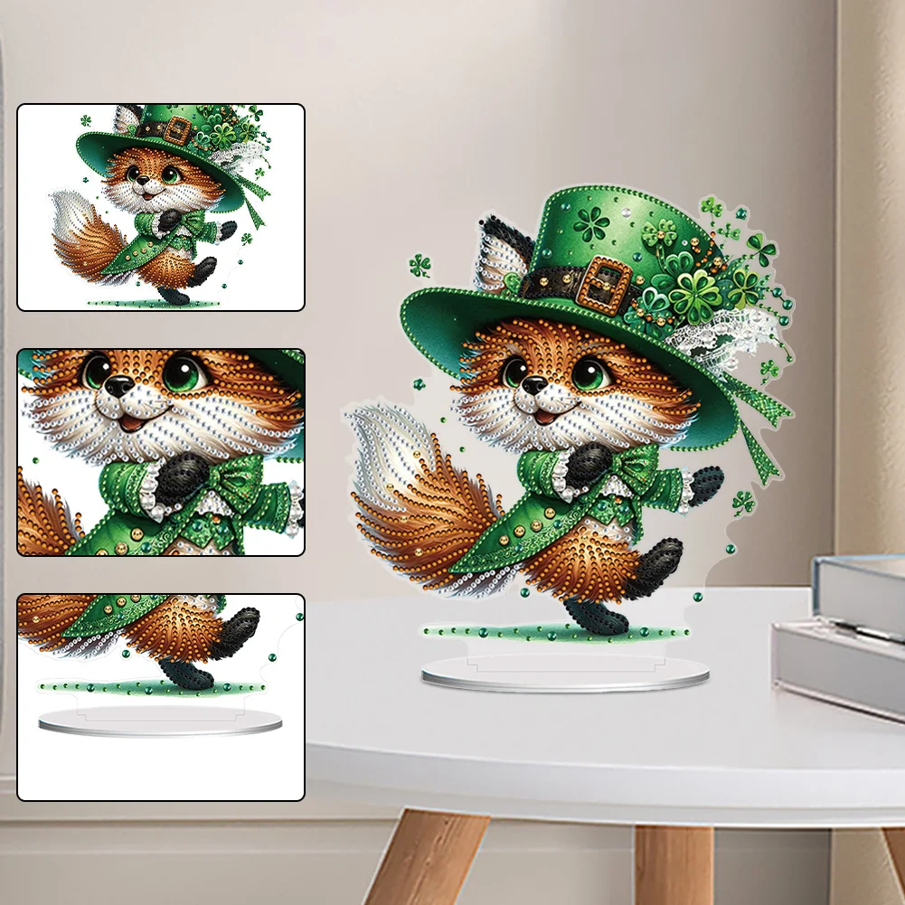 DIY Acrylic St. Patricks Day Fox Special Shape Diamond Painting Tabletop Ornament Creative Home Decor & Gift Idea for Adults - Relaxing Craft Activity
