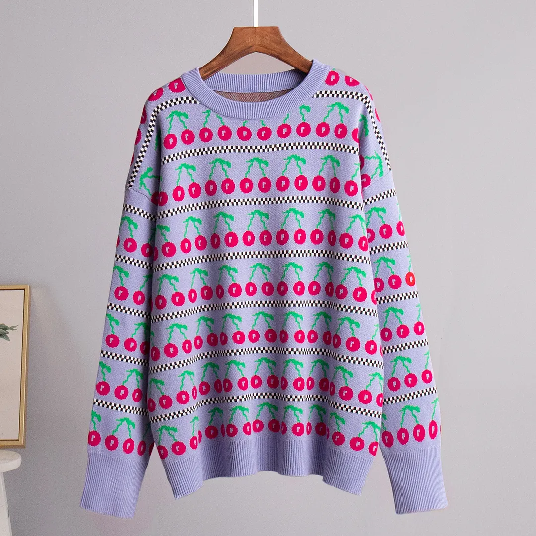 Churchf Churchf Neck Cherry Sweater Fall 2024 New Vintage Knit Cherry Round Neck Sweater