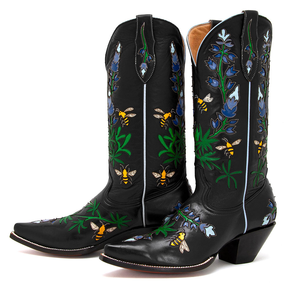 Black Floral & Bees Inlay Embroidered Pointed Toe Cowgirl Boots Nicepairs