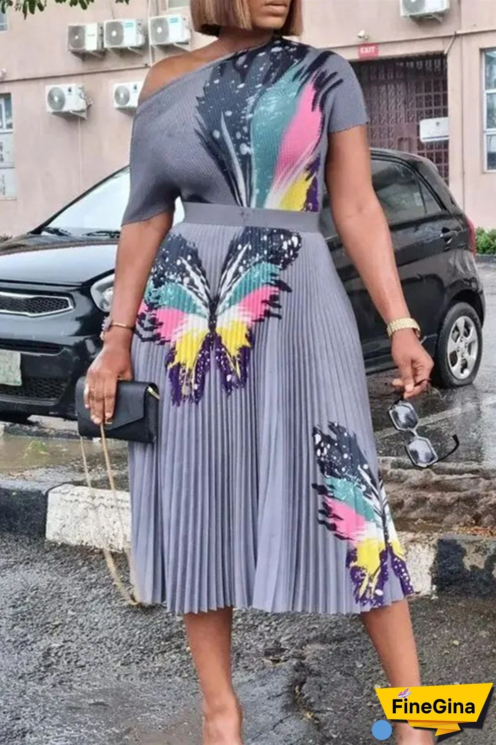 Grey Casual Print Patchwork Fold O Neck Pleated Short Sleeve Dress