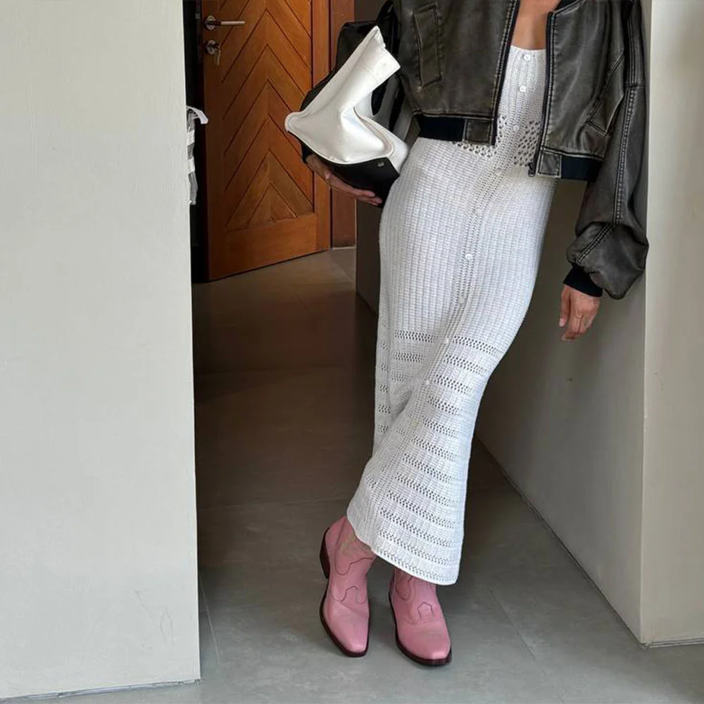 Pink Snip Toe Embroidered Stacked Heel Western Boots for Women