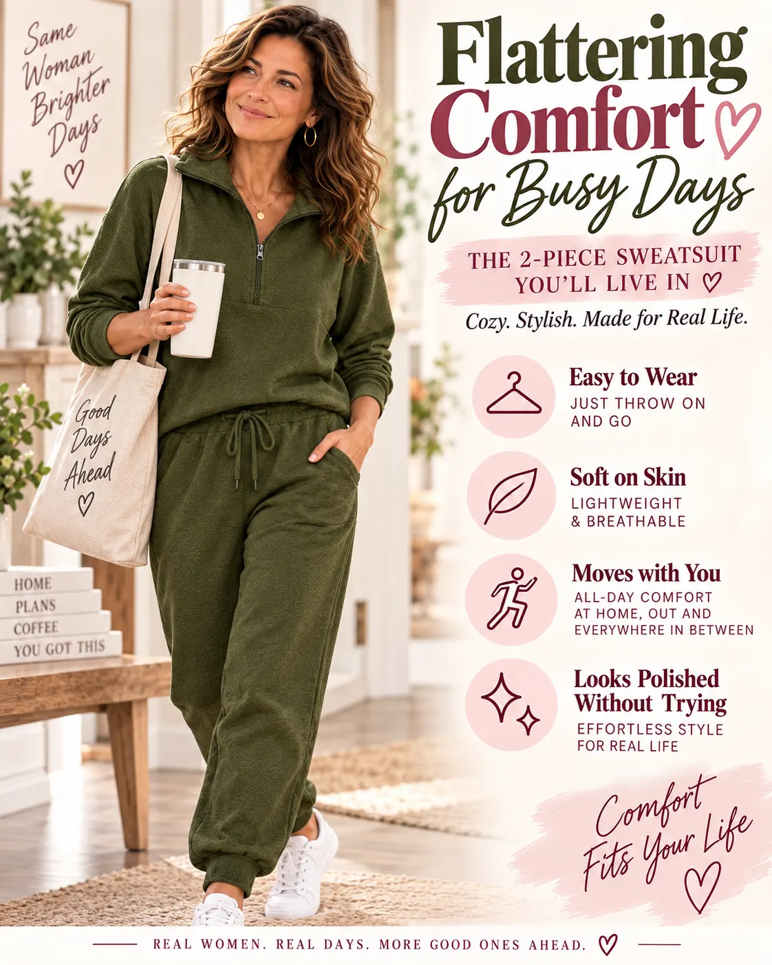 Eight color options for women's two piece sweatsuit