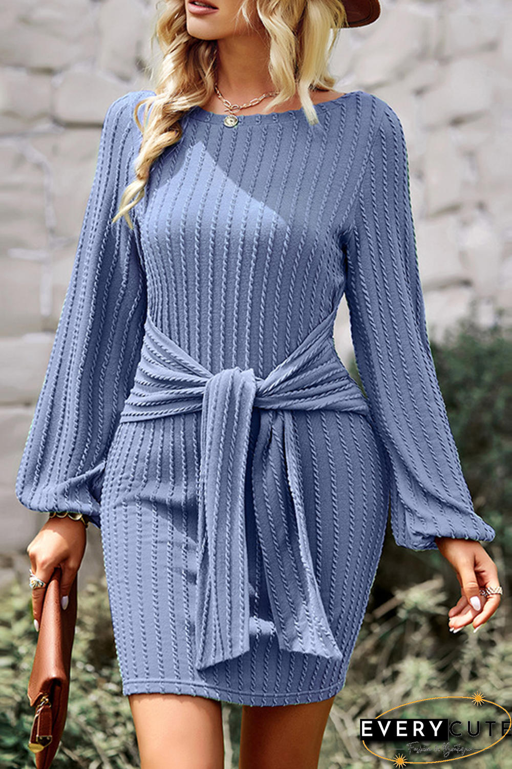 Casual Solid Bandage O Neck Pencil Skirt Dresses