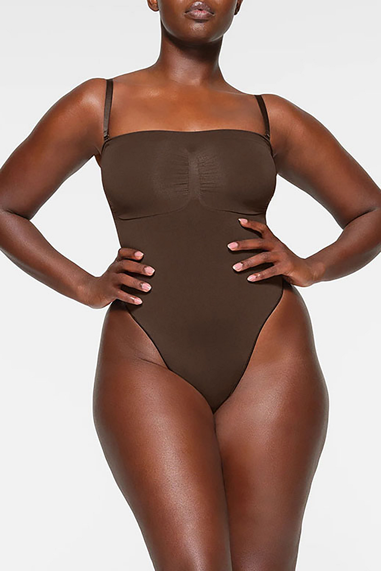 Solid Color Knit Boat Neckline Slim Fit Shapewear-Brown