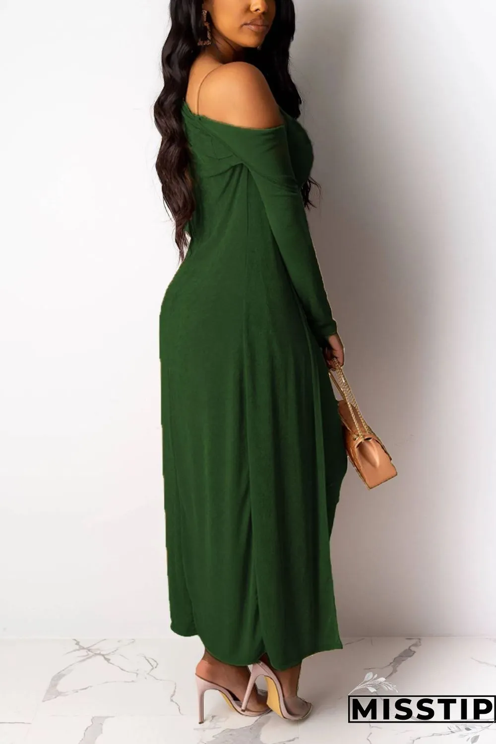Dark green Sexy V-Neck Silver Fox Fleece Two-Piece Suit