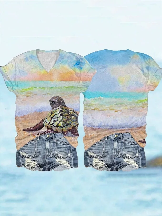 🔥Buy 3 Get 10% Off🔥Women's Holiday Turtle Print V-Neck T-Shirt