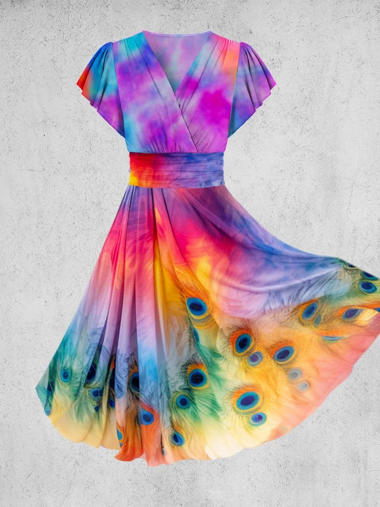 Women's Flounce Sleeve Rainbow Peacock Maxi Dress With Pocket