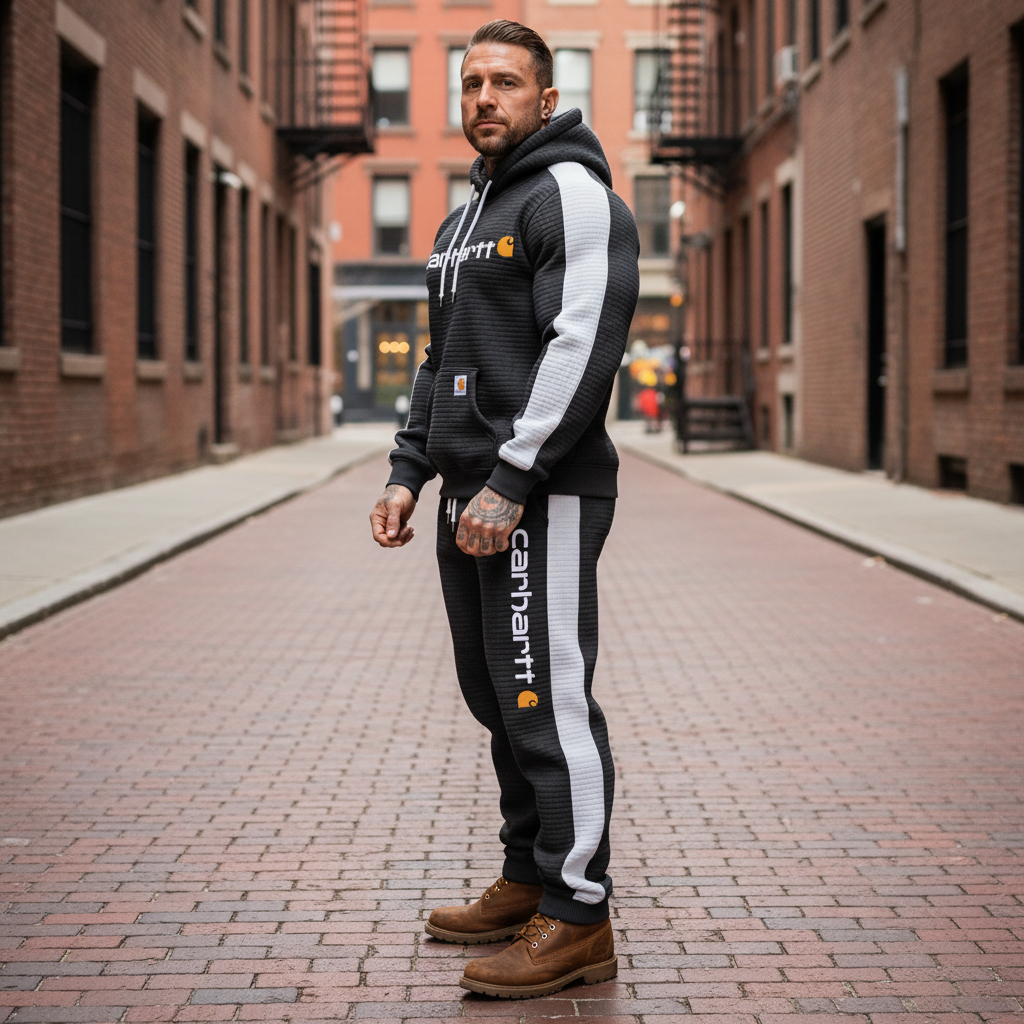 Men's Vintage Dark Gray White Waffle Quilted Plaid Pocket Hoodie And Sweatpants Jogger Set