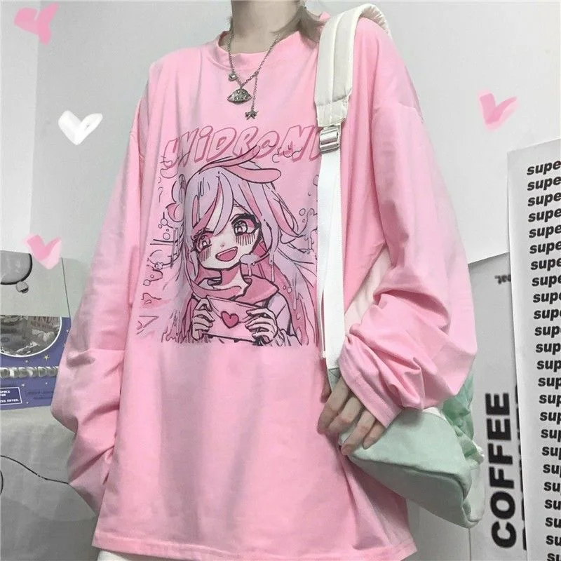 Pink Long Sleeve Tshirt Streetwear Oversized Cartoon T Shirt Funny Girl Harajuku Japan Amine Tops Casual Gothic Tshirt Female
