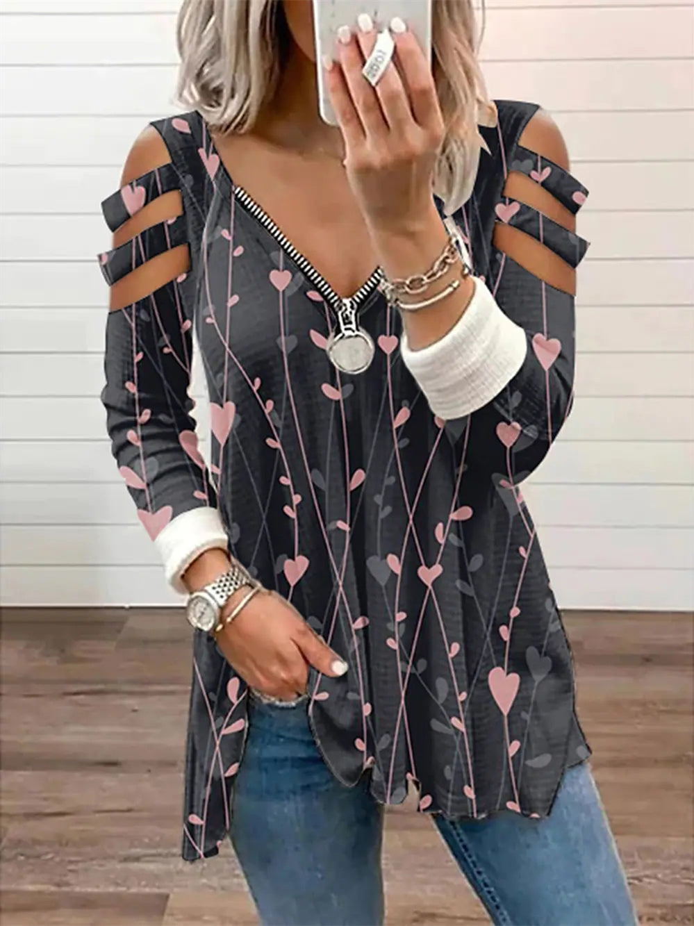 Women Long Sleeve V-neck Cold Shoulder Printed Tops