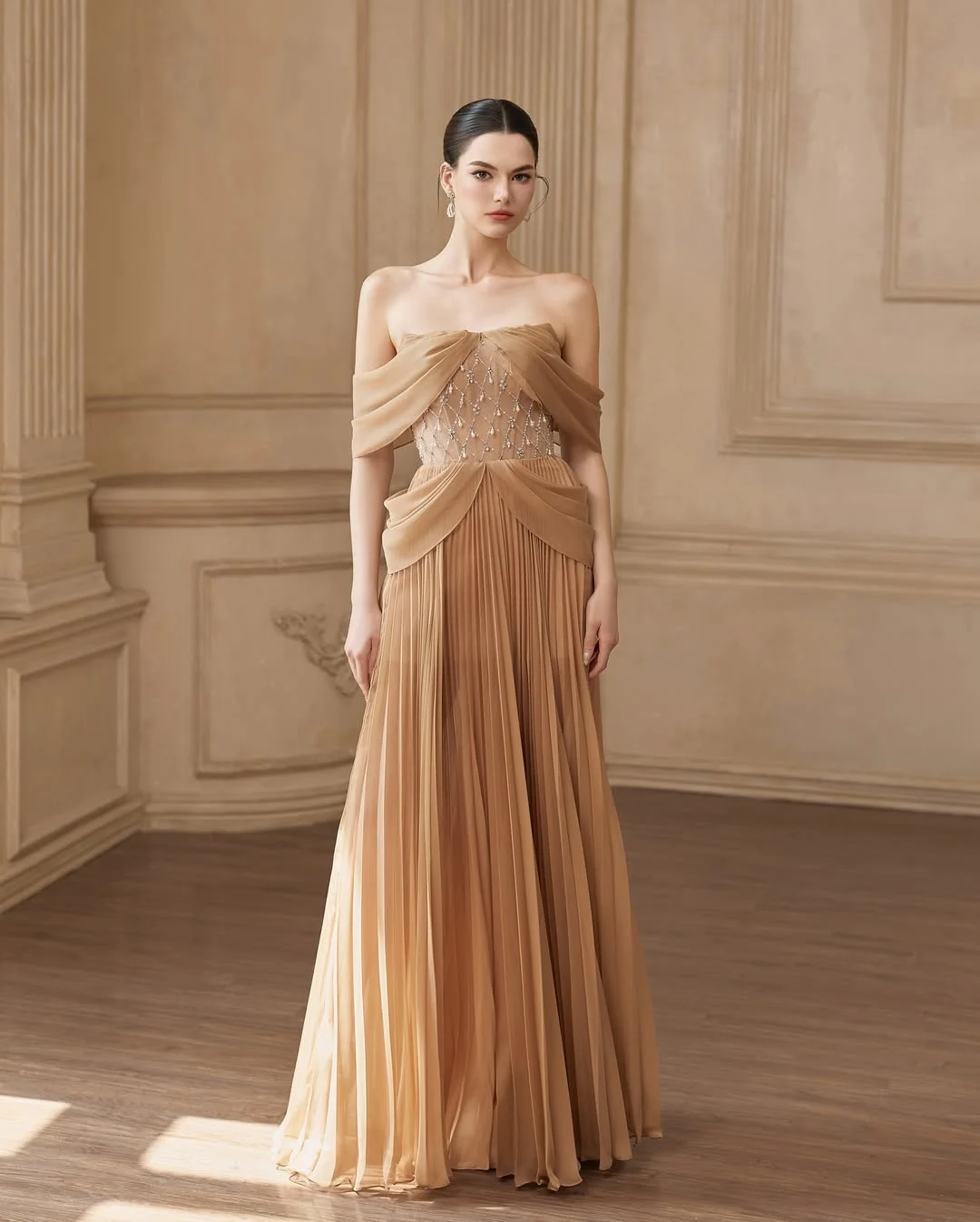 Classic Off-The-Shoulder Pleated Beadings Chiffon Prom Dress YK0188